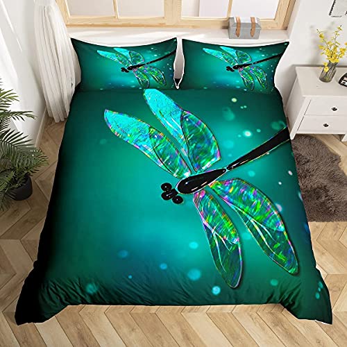 Loussiesd Dragonfly Duvet Cover Set Ultra Soft Dragonfly Comforter Set for Kids Women Adults Teal Dragonfly Bedding Set Nature Home Quilted Set Turquoise King Size