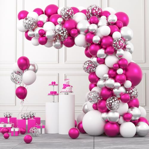 Image of Magenta Hot Pink Silver Balloons Garland Arch - Metallic Rose Red Silver White Balloon Fuchsia Pink Balloons for Weddings Anniversary Bachelorette Birthday Christmas Party Decorations