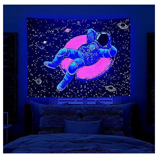 Blacklight Space Astronaut Tapestry for Men Guys Bedroom Trippy Galaxy Planet Cool Posters Fantasy Decor Funny UV Reactive Art Wall Hanging with Life Buoy for Living Room Dorm Decorations (51"×60")