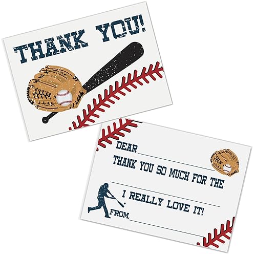 Old Blue Door Invites Baseball Fill in the Blank Thank You Cards for Boys (20 Count with Envelopes) - Baseball Party Supplies - Kids Sports Birthday Thank You Notes