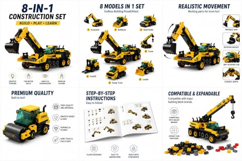 Image of SKY LINE OCEAN 8-in-1 Construction Truck Building Blocks Set (655+ PCS) | Transforming Heavy Duty Vehicles Kit | STEM Engineering Toy for Kids & Teens | Rebuild Play Set | 5 Year Structural Warranty