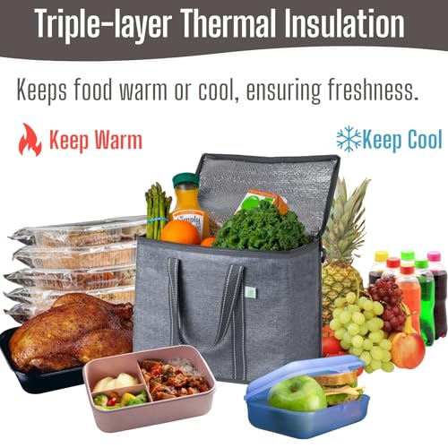 Image of VENO 2 Pack Cooler Bag and Insulated Grocery Bags for Food Delivery, Collapsible Cooler. Reusable Shopping Bags for Groceries with Hard Bottom, Zippered Top, Foldable, Heavy-Duty (Gray, 2 Pack)