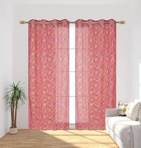 Image of Homefab India Embroidery Floral Net Transparent Sheer Curtain - 7X4 Feet, Door Curtains, Maroon, Pack of 1 Pc