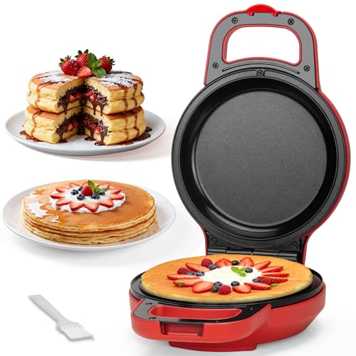 Image of SugarWhisk Flip Pancake Maker Machine, Ceramic Coated Pancake Pan for 6.5 Inch Pancakes, Omelette, Crepe & Quesadilla, Frittata, Double Sided Omelette Pan Nonstick, Red