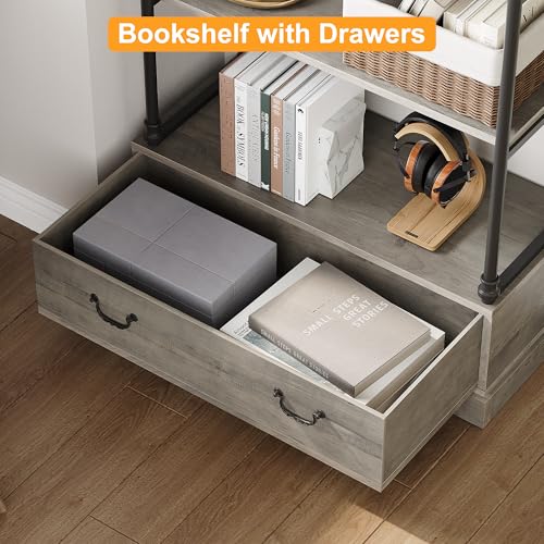 GarveeHome 81.3" Bookshelf with Storage Drawer, Tall Bookcase w/Metal Frame, 5 Tier Vintage Bookshelf Industry Display Storage Shelf for Office Living Room Library Bedroom