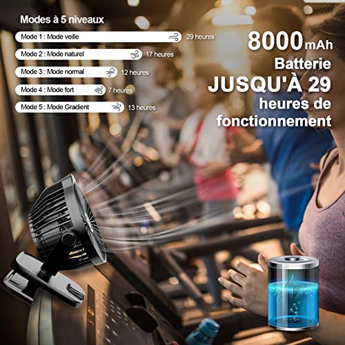 Mini USB Ventilateur Pince Portable, 8000mAh Silencieux, Télécommande, Affichage LED, 5 Vitesses Rotation à 360°, Rechargeable Table Fan for Bureau, Maison, Camping, Poussette – Image 5