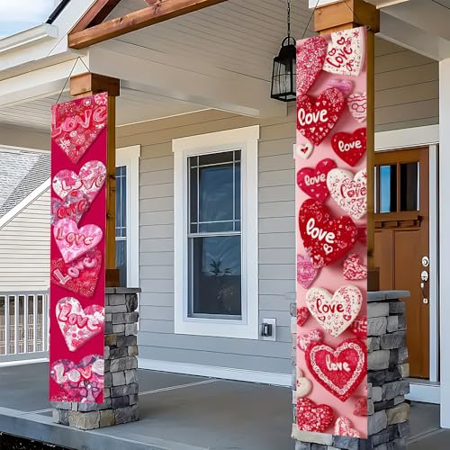 Image of Sweet Heart Front Door Banner 11.81x70.87 Inch, Pink Red Doodle Love Porch Sign for Mother's Day, Romantic Hanging Flag Welcome Outdoor Wall Decor, Weatherproof Fabric Decoration