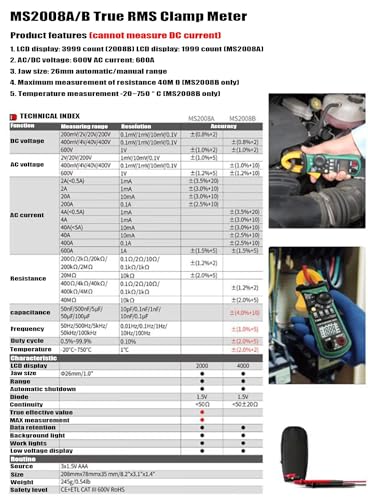 MASTECH MS2000G MS2001/C MS2006B MS2008 MS2009A/C Pinzas Amperimétricas Digitales Multímetro Profesional MS2008B miniatura 3