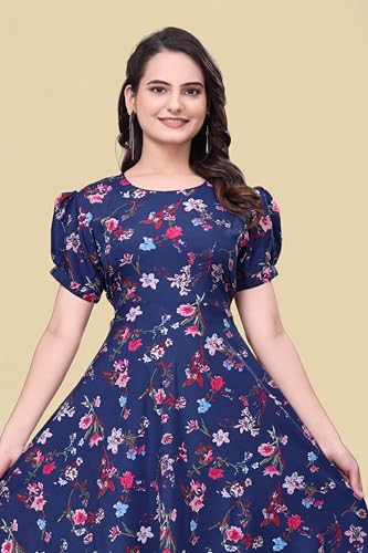 Image of Women's A-Line Crepe Maxi Dress | Stylish Fit and Flare Dress with Round Neck Short Puff Sleeves for Casual Wear