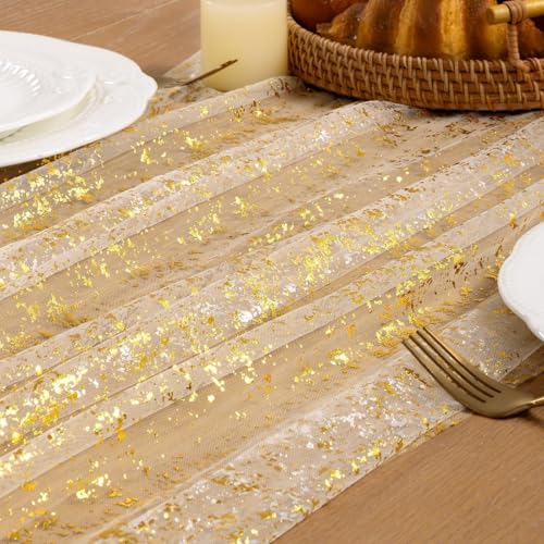 Image of Beige Gold Glitter Table Runner Sheer Gauze Foil Table Runner, 3PC