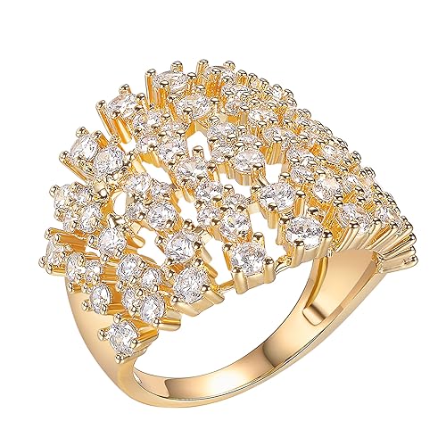 MDFUN Wedding Rings for Women Multi-Row Wide Engagement Ring 18K Yellow Gold Plated Cubic Zirconia Band Promise Eternity Ring for Women Size 5-10