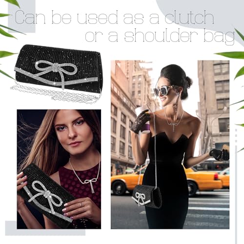 Image of Cutecrop 3 Pcs Fashion Women Bow Evening Clutch Jewelry Set, Black Bag Purse Wedding Rhinestone Necklace Earrings for Prom Party