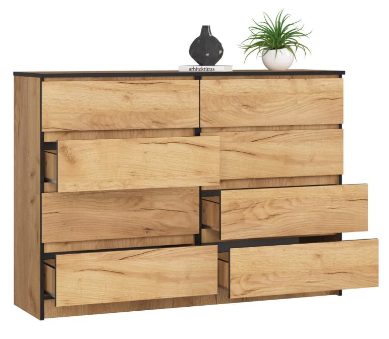 BDW - Comò con 8 cassetti, comò K140, credenza, mobili per soggiorno, camera da letto, corridoio, armadio da ufficio, materiale robusto e design moderno - 138x40x99 cm, Rovere Craft