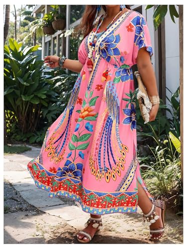 Image of Floerns Women's Plus Size Tribal Print Dolman Sleeve Slit Summer Maxi A Line Dress