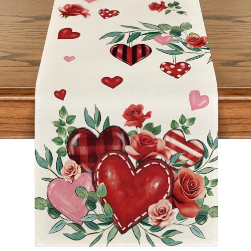 Artoid Mode Red Roses Flowers Eucalyptus Valentine's Table Runner, Wedding Kitchen Dining Table Decoration for Home Party Decor 13x72 Inch