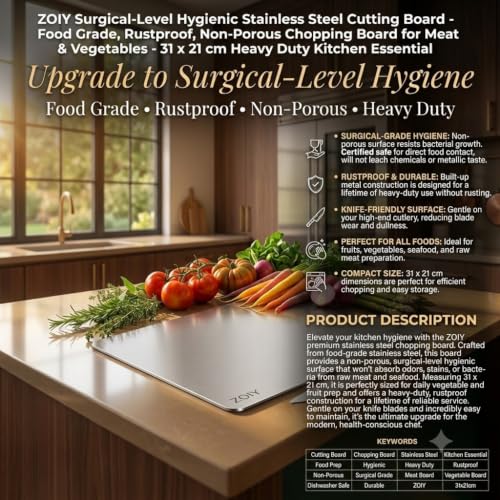 Image of Food Grade Stainless Steel Cutting Board for Kitchen - 32 x 21.5 cm Heavy Duty Chopping Board, Hygienic Non-Porous Surface, Rustproof Metal Pastry Board for Meat, Vegetables & Fruit