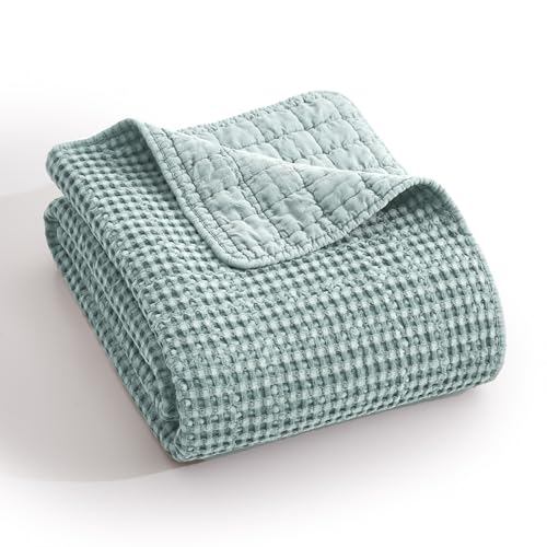 Image of Levtex Home Mills Waffle Full Bedspread Set (100x104in) with 2 Pillow Shams (26x20in) - Spa - Cotton Waffle Full Size Bedspread Set - Lightweight, Soft, Pre-Washed