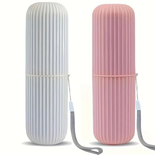 Portable 2Pcs Travel Toothbrush Case, Pink and Cream Ridged Design with Carrying Strap, Tidy Leakproof Travel Organiser Portable 2Pcs Travel Toothbrush Case, Pink and Cream Ridged Design with Carrying Strap, Tidy Leakproof Travel Organiser
