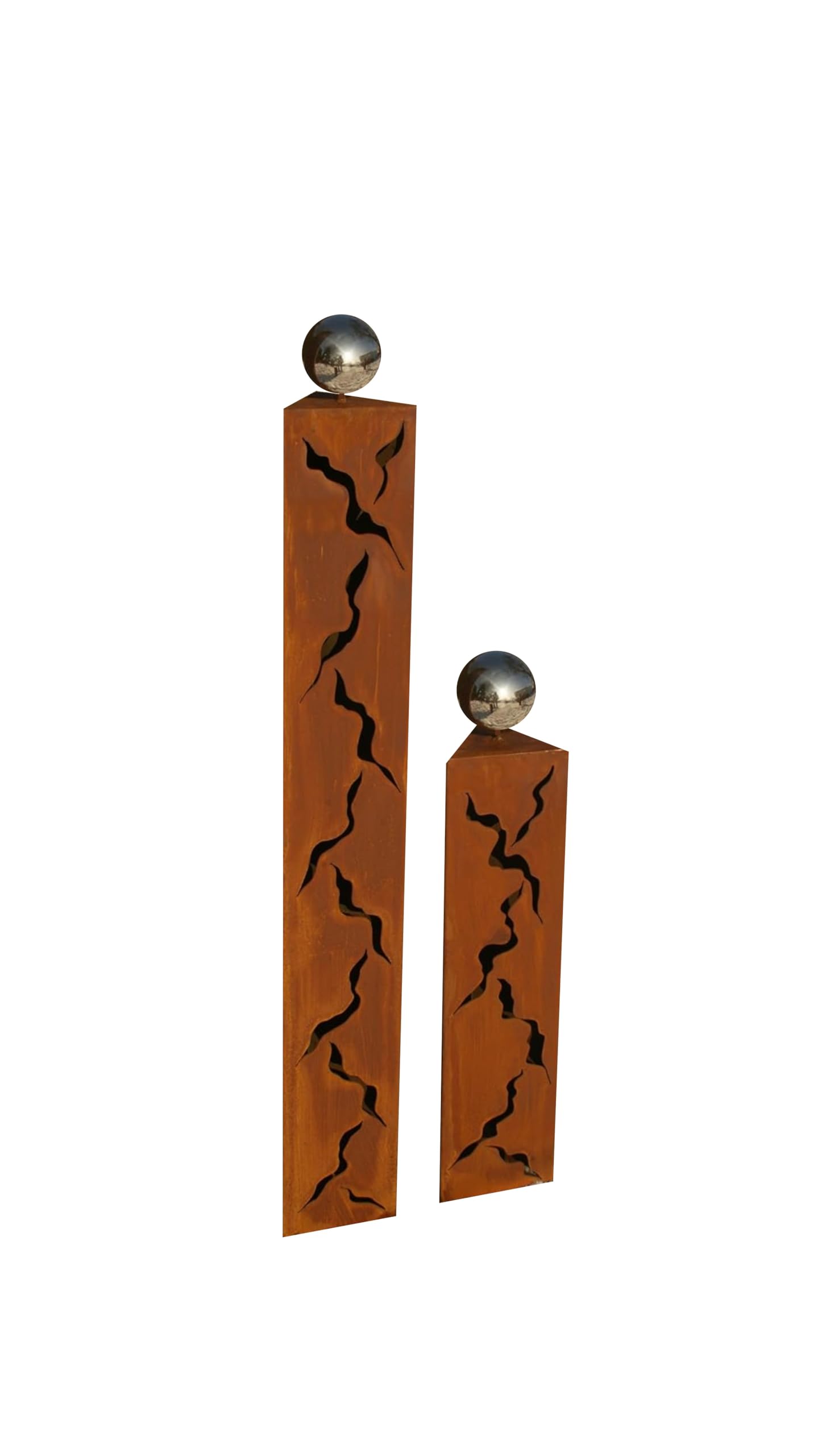 Gartendeko Rost, Dreiecke, Rostsäulen 100/60 cm. Edelrost, Edelstahlkugeln