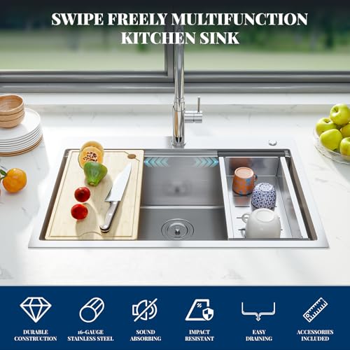 33 x 22 Drop-In Workstation Kitchen Sink – 16 Gauge Stainless Steel Topmount Sink, 10" Deep Single Bowl & 6 Accessories