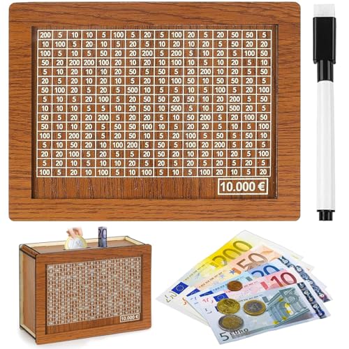 Retro Spardose aus Holz - Aufbewahrungsbox, Sparbüchse für Kinder Mit Sparziel, Wiederverwendbar Mit Marker und Zahlen zum Ankreuzen (10000€)