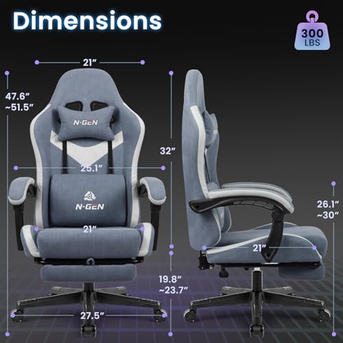 Image of N-GEN GAMING Video Gaming Chair Office Computer Desk Use Ergonomic Reclining Backrest Adjustable Armrests Lumbar Support Footrest High Density Foam Breathable Fabric Heavy Duty Base (Blue)