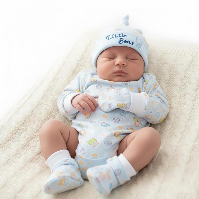 Image of Safe-O-Kid Baby Hygiene Combo | 1 Cap Mitten Bootie Set, 1 Baby Hooded Bath Towel & 1 Sponge Swab | Newborn Bathing & Grooming Essentials Kit for Babies - Assorted