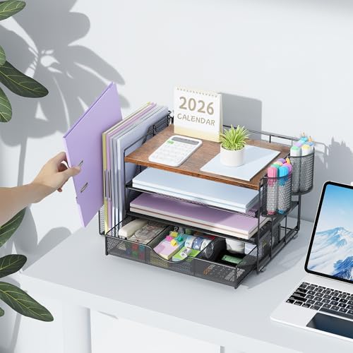 Image of gianotter Desk Organizers and Accessories with File Holder, 4-Tier Desk Accessories & Workspace Organizers with Drawer and 2 Pen Holder, Paper Organizer for Office Supplies (Wood)