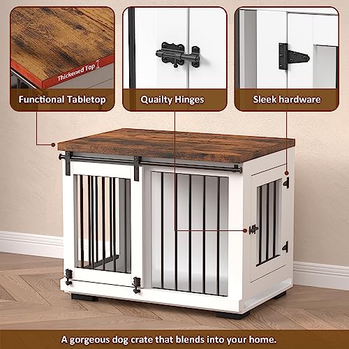 Image of Zakkart Dog Crate Furniture Barn Door for Medium Dogs Up to 40 lbs. - Puppy Kennel w /Thickened Farmhouse Top & Steel Bars - 30'' Wide - White Decorative Modern Dog Crate Table, End Table, Nightstand