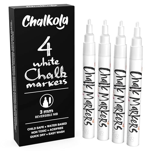 Liquid White Chalk Markers Fine Tip (4 Pack 3mm) for Blackboard, Chalkboard