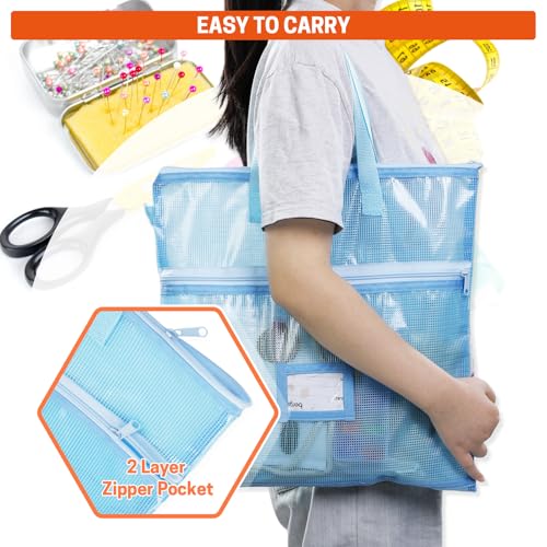 Image of Berya 16.14 x 16.14 inch Sewing Project Organizer, Large Double Pocket Craft Tote with Handles, Clear Mesh Art Supply Bag for Quilting, Knitting, Embroidery Projects Storage (Blue-1 Pack)