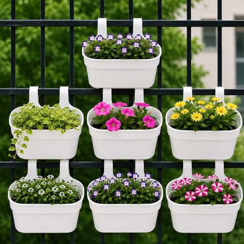 Image of Go Hooked 12 Inch Plastic Railing Hanging Planter Pot Set of 7 | Rectangular Flower Pots with Double Hook for Garden Fence Balcony Indoor Outdoor Home Decor | Durable Plant Container (White)