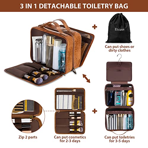Elviros Hanging Travel Toiletry Bag For Men, 3 In 1 Large Makeup Bag Organizer For Women, Water-Resistant Pu Leather Dopp Kit Shaving Bag For Bathroom Toiletries, Cosmetics (Brown) #TOP1