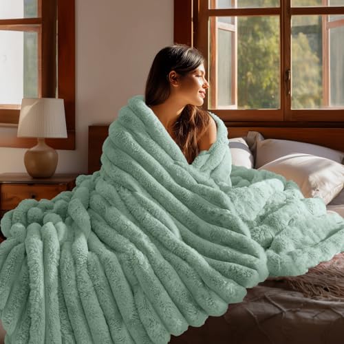 Image of BEDELITE Faux Fur Throw Blanket for Couch, 770GSM, 60 inch x 80 inch, Sage Green | Soft and Cozy Luxurious 3D Striped Fluffy Blanket, Warm Plush Fuzzy Faux Rabbit Fur for Women Gift, Stylish Room Decor