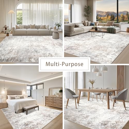 Washable Rugs 6x9 Area Rugs for Living Room,Modern Abstract Rugs for Bedroom,Large Carpets,Ultra Soft Faux Wool Retro Dining Room Rug,Non Slip&Non-Shedding Low Pile Print Rug- Beige Grey