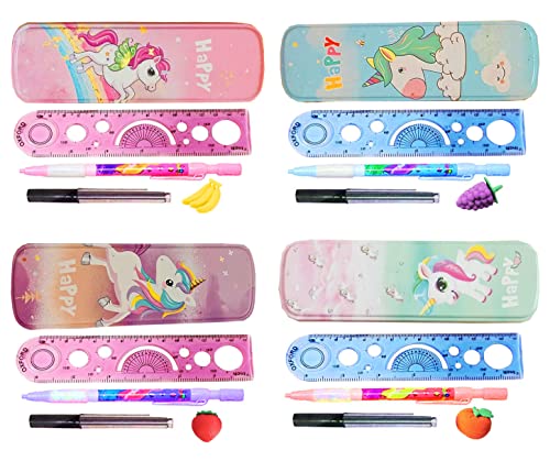Image of Neel Unicorn Theme Return Gift Set for Girls Unicorn Metal Geometry Box for Girls Kids, Scale Ruler, Machenical Pencil with Lead & Designer Eraser Party Favour Gift Birthday Gift Sets (4 Set)