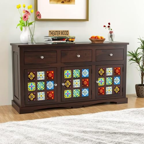Image of Sheesham Wood Sideboard and Cabinets | Wooden Side Board Tv Cabinet with Multicolor Tiles for Living Room | Free Standing Buffet with 3 Drawers & 3 Door Cabinet Storage, Walnut Finish