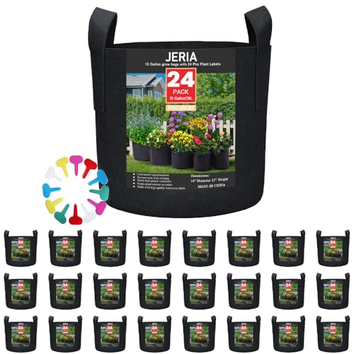 JERIA 24-Pack 10 Gallon Nonwoven Grow Bags Plant Grow BagsHeavy Duty Aeration Fabric Pots with Durable Handles Come with 24 Pcs Plant Labels