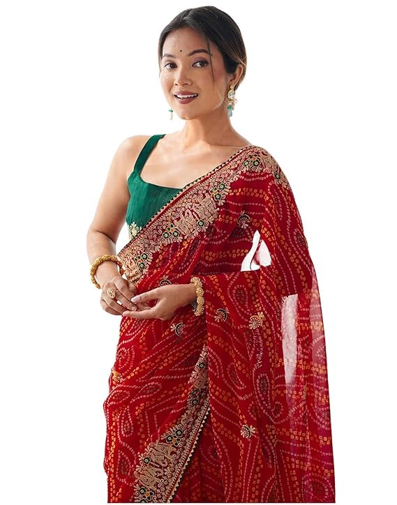 VivatraWomen's Georgette Bandhani Printed Sequence Embroidery Lace Saree With Unstitched Blouse Piece