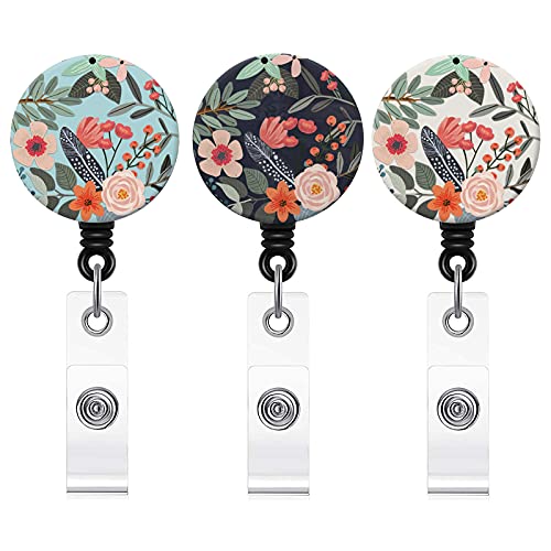 Easere Badge Reel Retractable Badge Holder With Clip Name Decorative Badge Reel Clip On Card Holders For Nurse, Teacher, Student, Volunteer (Cute Colorful Garden Floral / 3 Pack) #TOP22