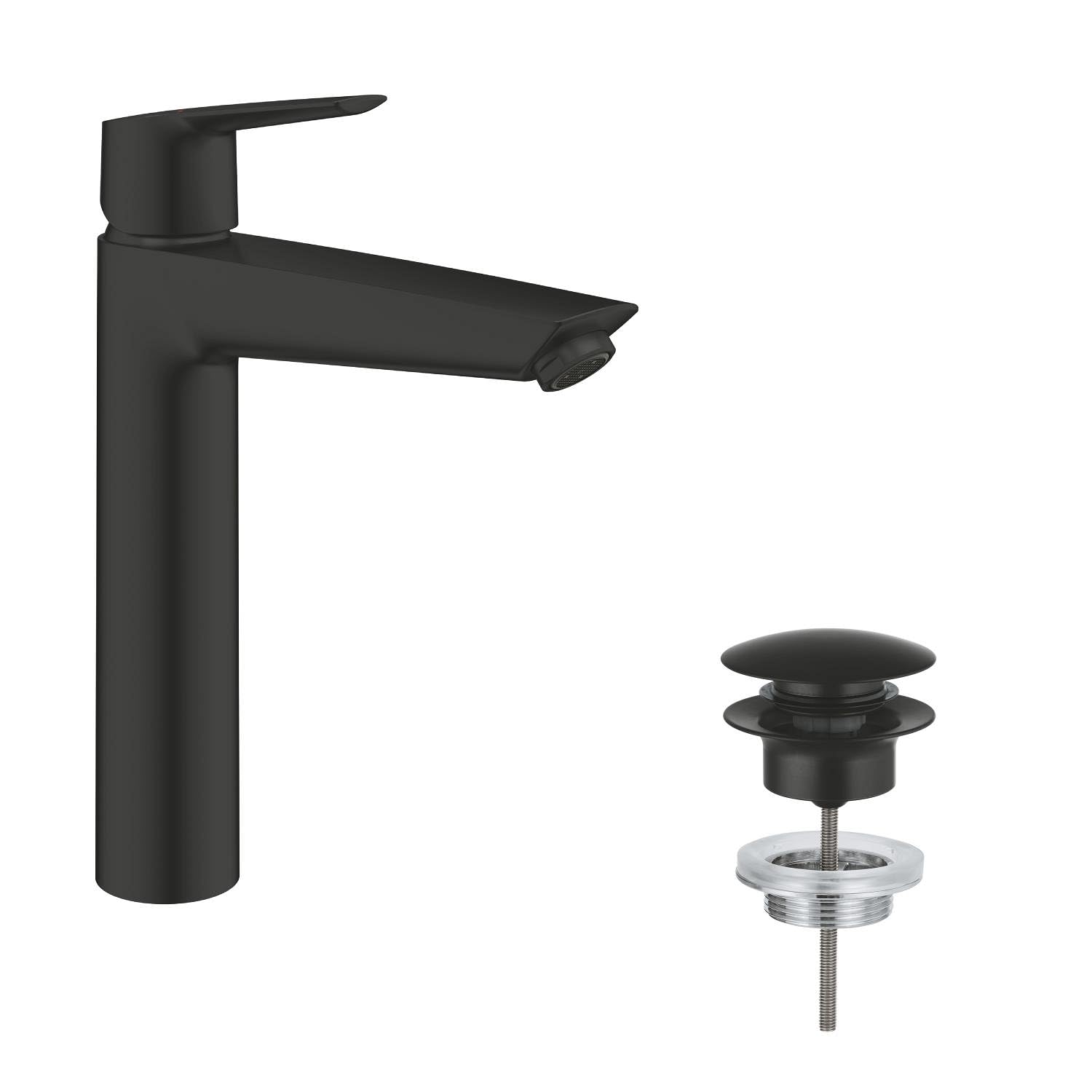 GROHE Start Grifo de Lavabo Alto para Lavabos Exentos con Válvula Click-Clack (Talla XL, Cartucho Cerámico 28mm, Ahorro Agua/Energía, Conexión 3/8", Montaje QuickTool), Negro Mate, 241652433
