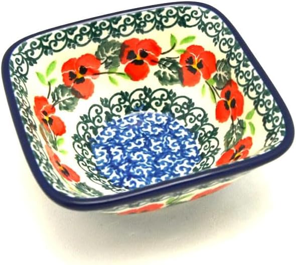 Polish Pottery Dish - Deep Square Food Prep - Red Pansy