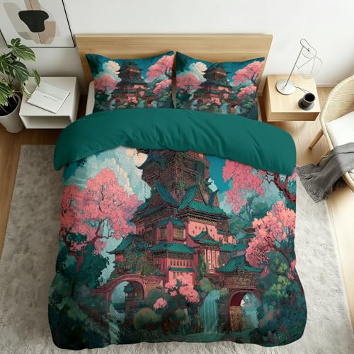 Générique Parure de lit Housse de Couette Fantaisie Oriental Floral Vert - 90 x 190 cm - 1 taie d'oreiller - Design réversible - Pagode Fleur De Cerisier -...