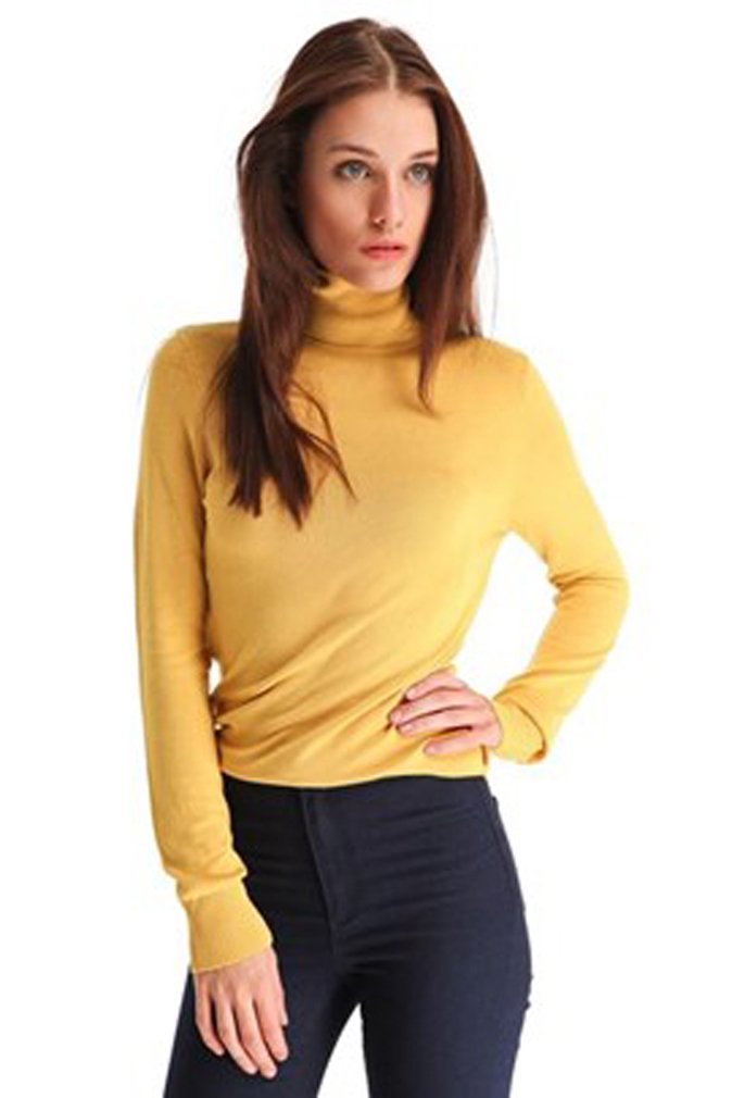 elegance1234 WOMEN'S STRETCHY ROLL-NECK LONG-SLEEVE COTTON PLAIN TOPS (SMALL, UK 10 (38) YELLOW) **SAME DAY POSTING**