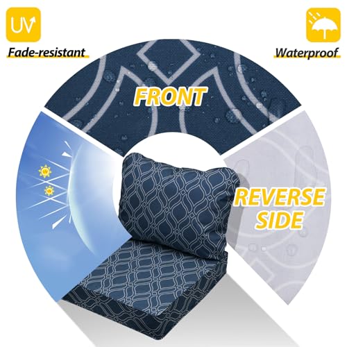 Image of AAAAAcessories Outdoor Seat Cushions for Chairs, Fade-Resistant, Waterproof Patio Furniture Replacement Cushions, 25.5 inch x 25.5 inch x 5 inch + 25.5 inch x 19 inch, Set of 2, Slate Blue Vine Trellis