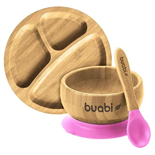 BUABI Vajilla de Bambú natural, set 3 piezas: Bowl Plato y Cuchara. Con ventosa antideslizante en la base. Bambú y silicona grado alimentario, Ecológico sin BPA (Rosa)