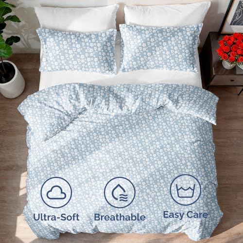 Image of Duvet Cover Twin /Twin XL - Floral Duvet Cover Set - 2 Piece - Blue Meadow | Soft Floral Duvet Cover 68 x 90 with 1 Pillow Sham, Comfy Floral Bedding Set, Hotel Luxury with Zipper Closures & Ties, Comfy