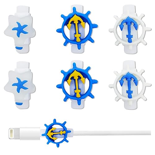 6 unidades de protector de cable de carga oceánica para iPhoneiPad, lindo protector de cable de plástico azul timón mordeduras de estrellas de mar