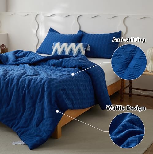 Image of Simple&Opulence 100% Cotton Waffle Weaving Comforter Set-2 Pieces Bedding Set(1 Comforter and 1 Pillowcase), Lightweight Soft Breathable Comforter Bed Sets for All Season(Navy Blue, Twin)