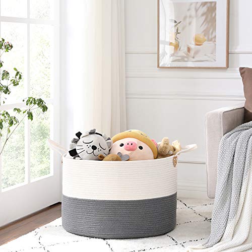 SONGMICS Baumwollseilkorb, Griffen, Wäschekorb aus Baumwolle, 100 L, für Spielzeug, Kleidung, Decken, Grau-Beige, 55 x 55 x 35 cm, LCB401G01